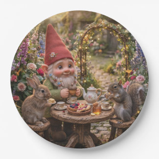 Gnome Having Tea Party with Bunny and Squirrel Paper Plate