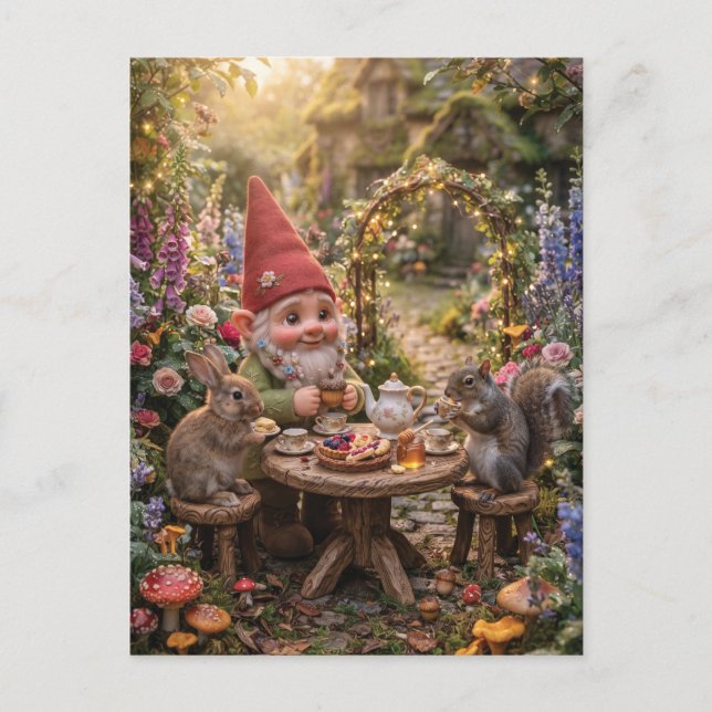 Gnome Having Tea Party with Bunny and Squirrel Postcard (Front)