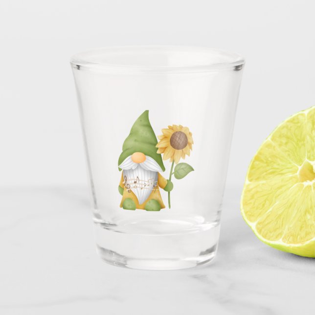 Gnome holding a Sunflower on a  Shot Glass (Front)