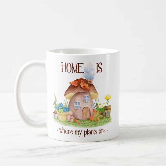 Gnome home mushroom plants flowers garden coffee mug (Left)