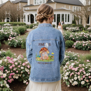 Gnome home mushroom plants flowers garden denim jacket
