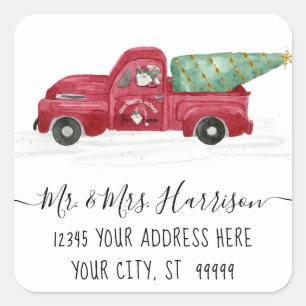 Gnome Home Tree Farm Watercolor Christmas Address Square Sticker