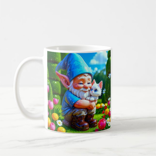 Gnome Hugging Cat Coffee Mug (Left)