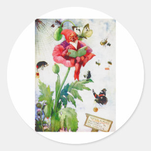 Gnome in a poppy flower classic round sticker