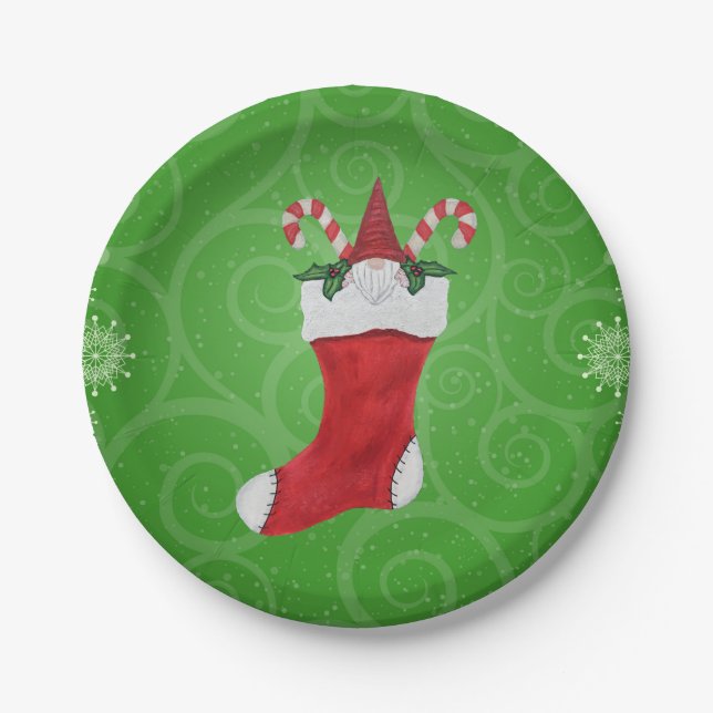 Gnome in Christmas Stocking Green Swirls Snowflake Paper Plate (Front)