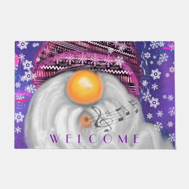 Gnome In Purple Hat Sings A Christmas Song Welcome Doormat (Front)