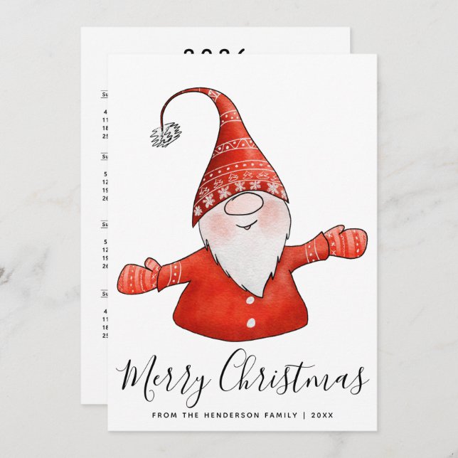 Gnome in Red 2025 Calendar Merry Christmas Nordic Holiday Card (Front/Back)