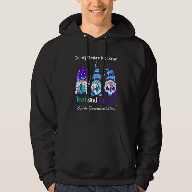 Gnome In September We Wear Teal And Purple Suicide Hoodie (Front)