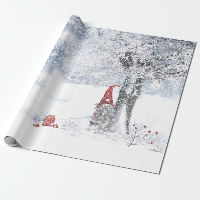 GNOME IN SNOW COVERED FOREST CHRISTMAS GIFT WRAP (Unrolled)