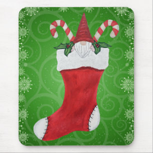 Gnome in Stocking Green Swirls Snowflakes Mouse Mat