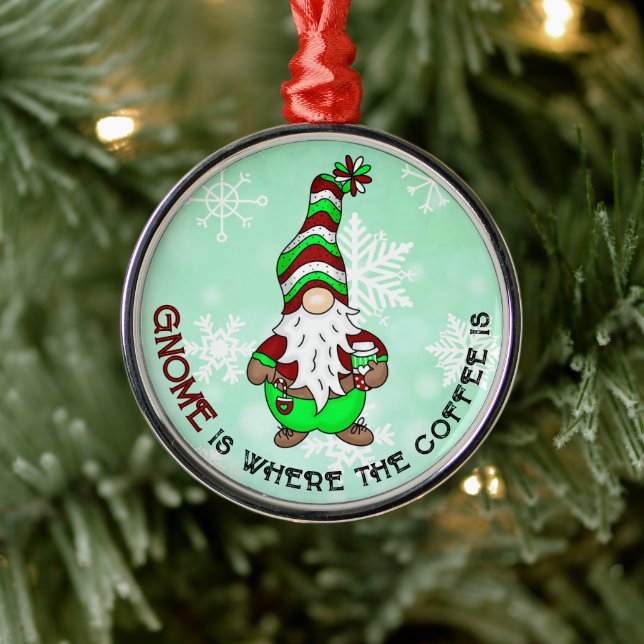 Gnome is Where the Coffee is | Cute Christmas Metal Tree Decoration (Tree)