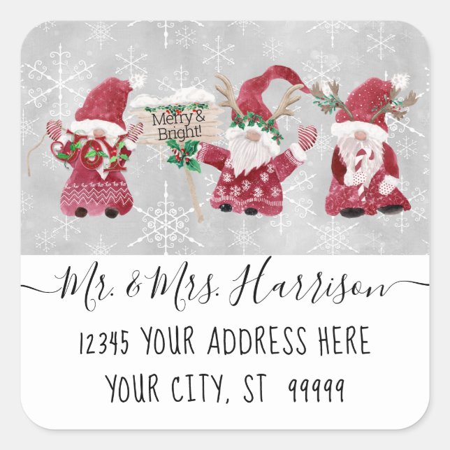 Gnome Joy Merry n Bright Christmas Card Address  Square Sticker (Front)