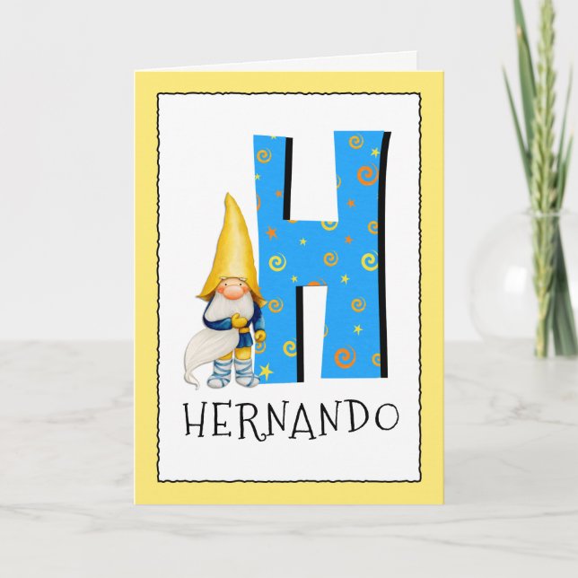 Gnome Kids Letter H Name and Age Birthday Greeting Card (Front)