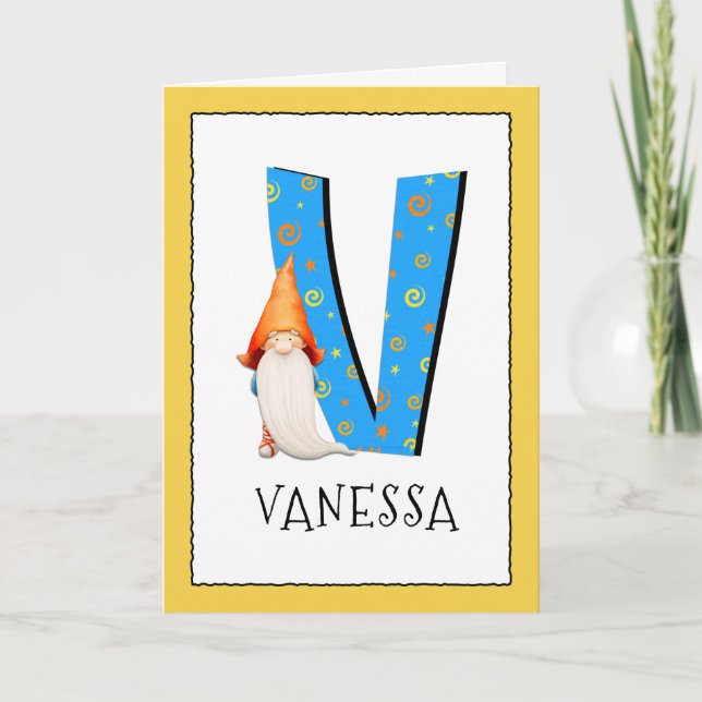 Gnome Kids Letter V Name and Age Birthday Greeting Card (Front)