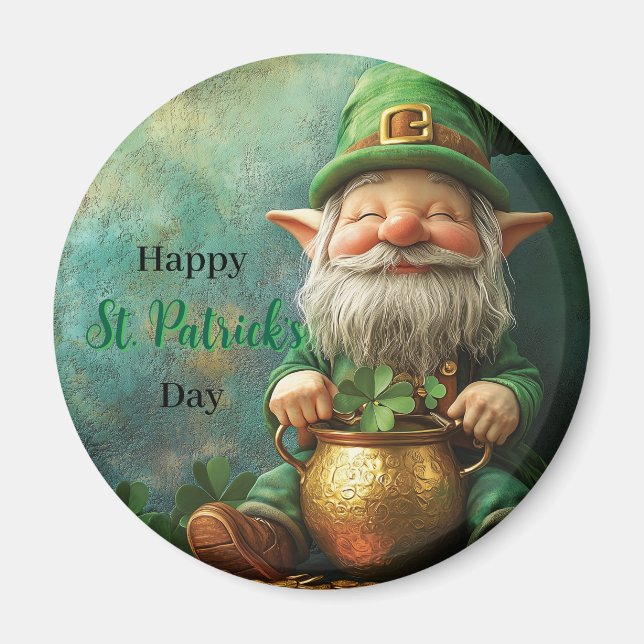 Gnome Leprechaun and Pot of Gold St. Patrick's Day Magnet (Front)