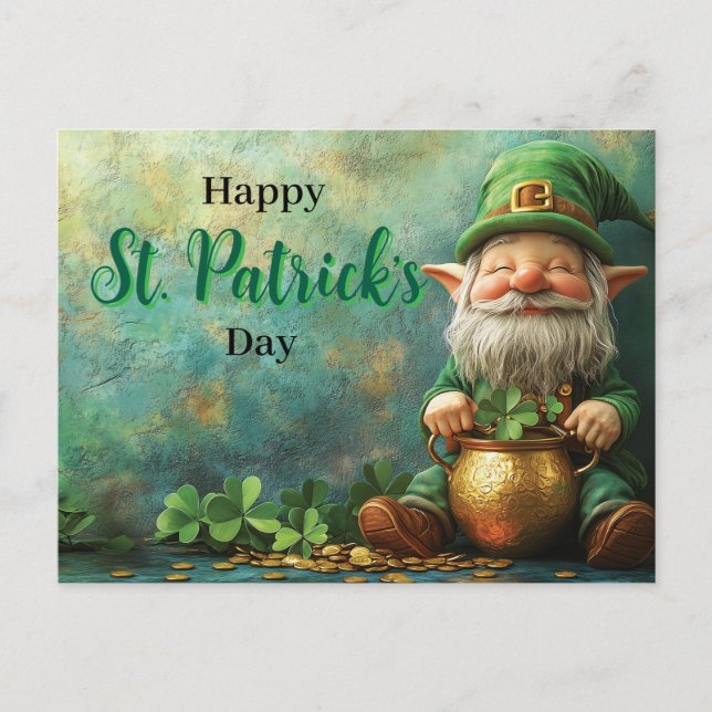 Gnome Leprechaun and Pot of Gold St. Patrick's Day Postcard (Front)