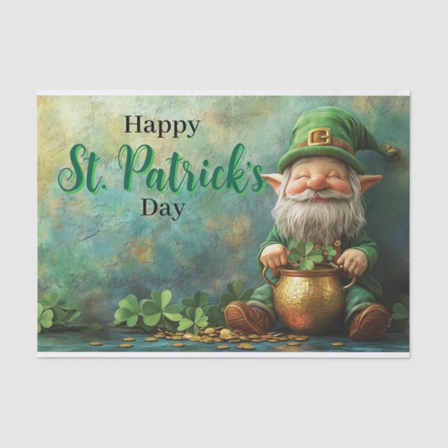 Gnome Leprechaun and Pot of Gold St. Patrick's Day Tissue Paper (Front)