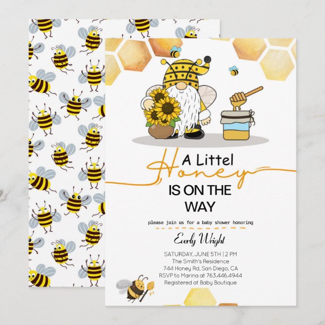 Gnome little honey bee baby shower invitations (Front/Back)