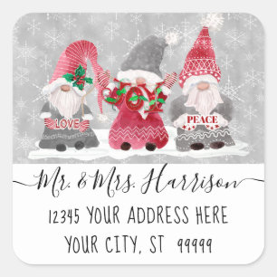 Gnome Love Joy Peace Christmas Card Address Square Sticker