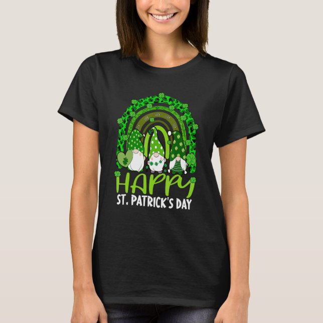 Gnome Lucky Shamrock Rainbow Leopard St Patricks D T-Shirt (Front)