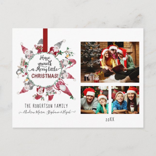 Gnome Merry Little Christmas Red Grey Family Photo Holiday Postcard (Front)