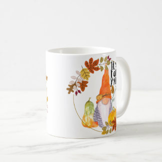 Gnome mug with pumpkins squash and fall leaves