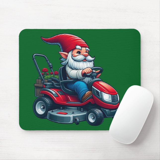 Gnome on Riding Lawn Mower with Flower Basket Mouse Mat (With Mouse)