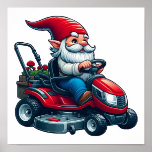 Gnome on Riding Lawn Mower with Flower Basket Poster