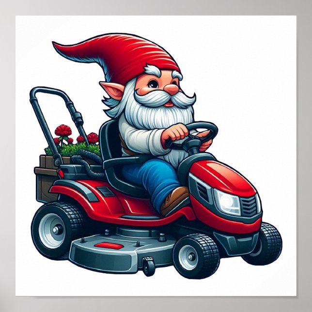 Gnome on Riding Lawn Mower with Flower Basket Poster (Front)