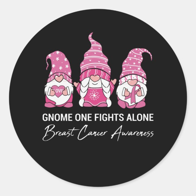 Gnome One Fights Alone Breast Cancer Awareness Classic Round Sticker (Front)