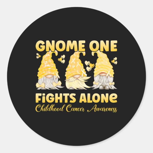 Gnome One Fights Alone Gold Childhood Cancer Aware Classic Round Sticker (Front)