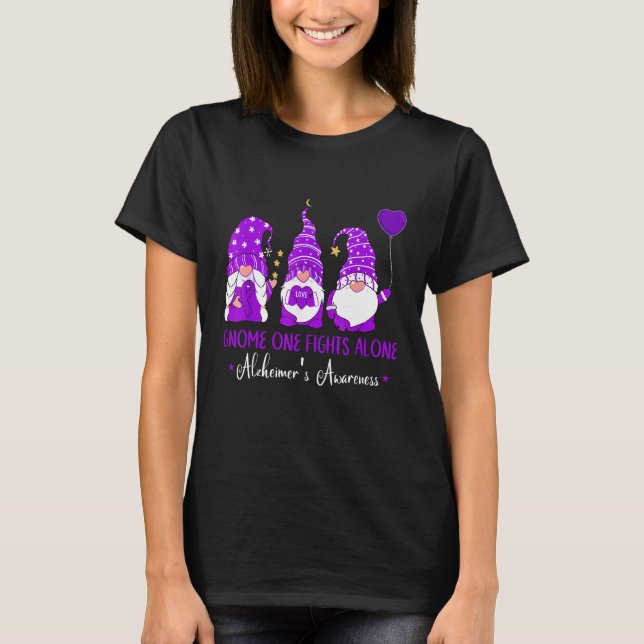 Gnome One Fights Alone Ribbon Purple Alzheimer s A T-Shirt (Front)