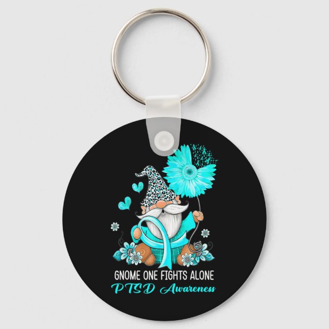 Gnome One Fights Alone Teal Ribbon Warrior Ptsd Aw Key Ring (Front)
