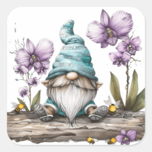 Gnome Orchid Flowers Square Sticker