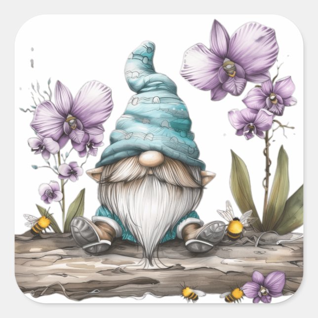 Gnome Orchid Flowers Square Sticker (Front)