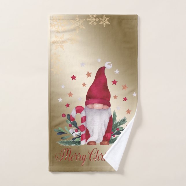 Gnome,Pine Tree Branches,Snowflakes,Gold Christmas Bath Towel Set (Hand Towel)