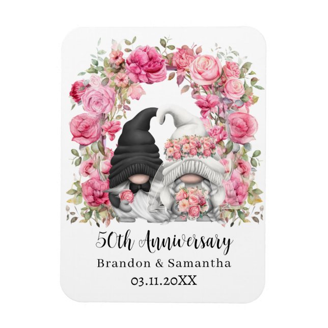 Gnome Pink Floral Arch 50th Wedding Anniversary Magnet (Vertical)