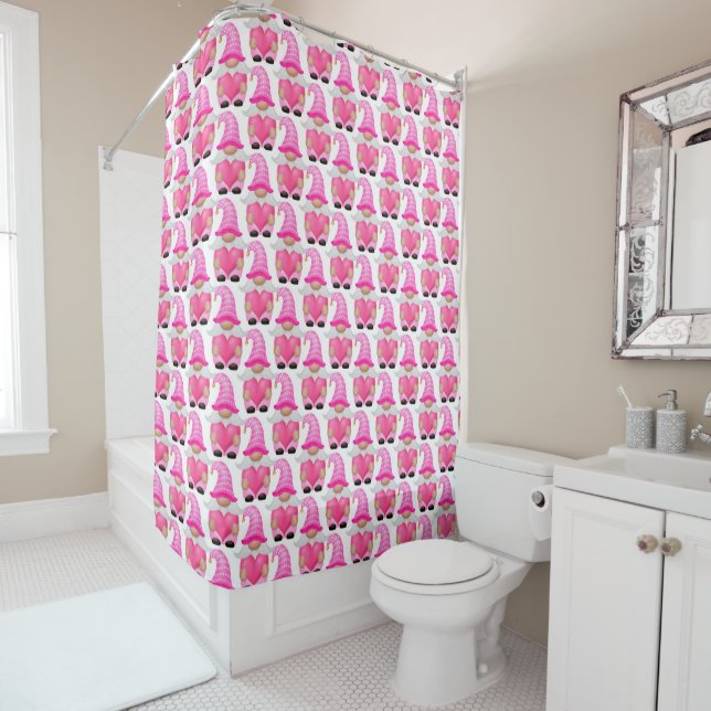 Gnome Pink Hearts Woodland Scandinavian Cute Shower Curtain (In Situ)