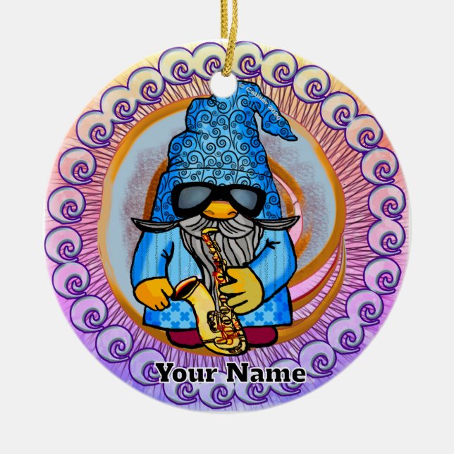 gnome playing saxophone ceramic tree decoration (Front)