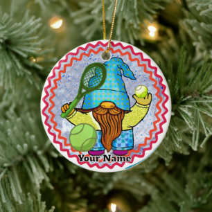 Gnome Playing Tennis  Ceramic Tree Decoration