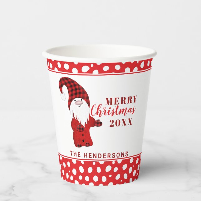 Gnome Polka Dots Personalised Red Merry Christmas Paper Cups (Front)