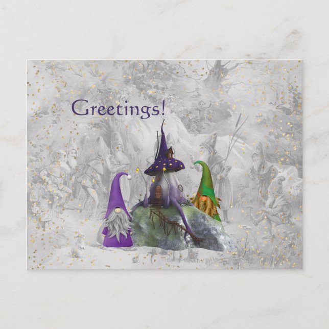 Gnome Purple House Gold Confetti Postcard (Front)