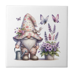 Gnome Purple Pink Flowers Lavender Butterflies Tile