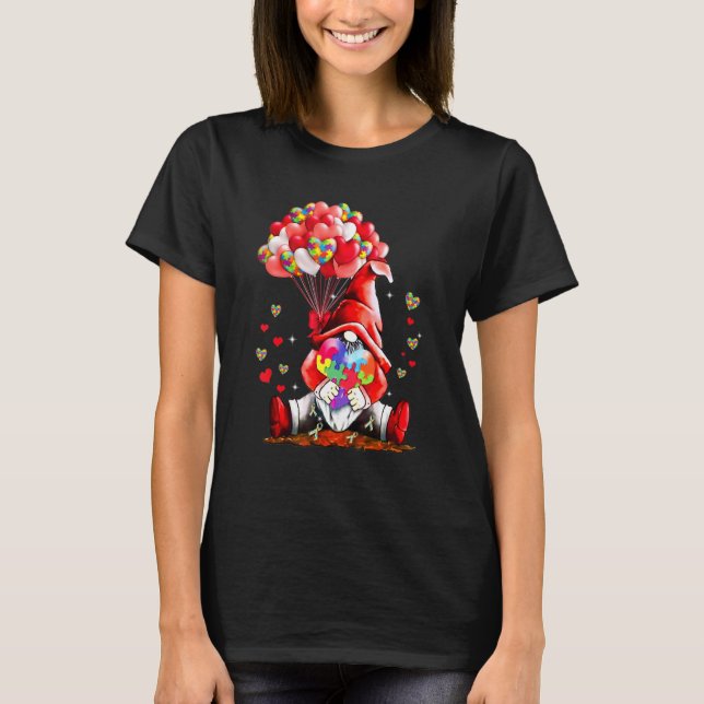 Gnome Puzzles Balloon Heart Autism Awareness Valen T-Shirt (Front)