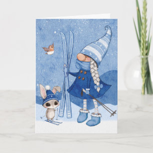 Gnome Rabbit Skiing Christmas Card