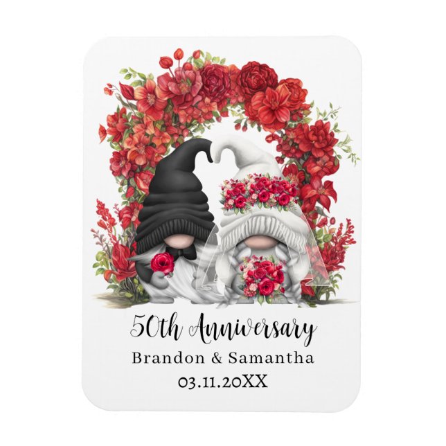 Gnome Red Floral Arch 50th Wedding Anniversary Magnet (Vertical)