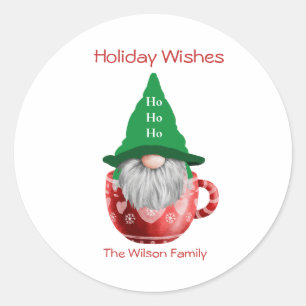 Gnome Red Green Holiday Wishes Personalised Classic Round Sticker