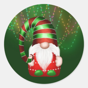 Gnome Red Green Striped Hat Lights Christmas Classic Round Sticker