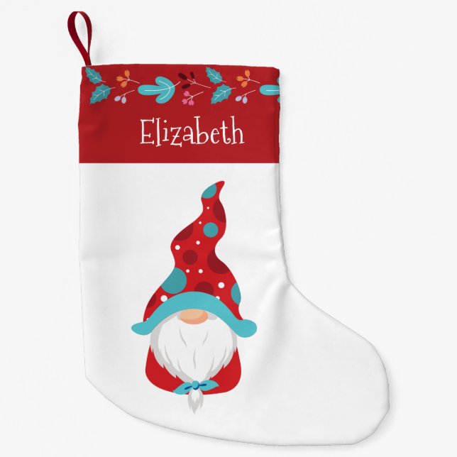 Gnome Red Modern Leaf Border Holiday Name Cute Small Christmas Stocking (Front)