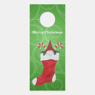 Gnome Red Tall Hat in Christmas Stocking Green Door Hanger